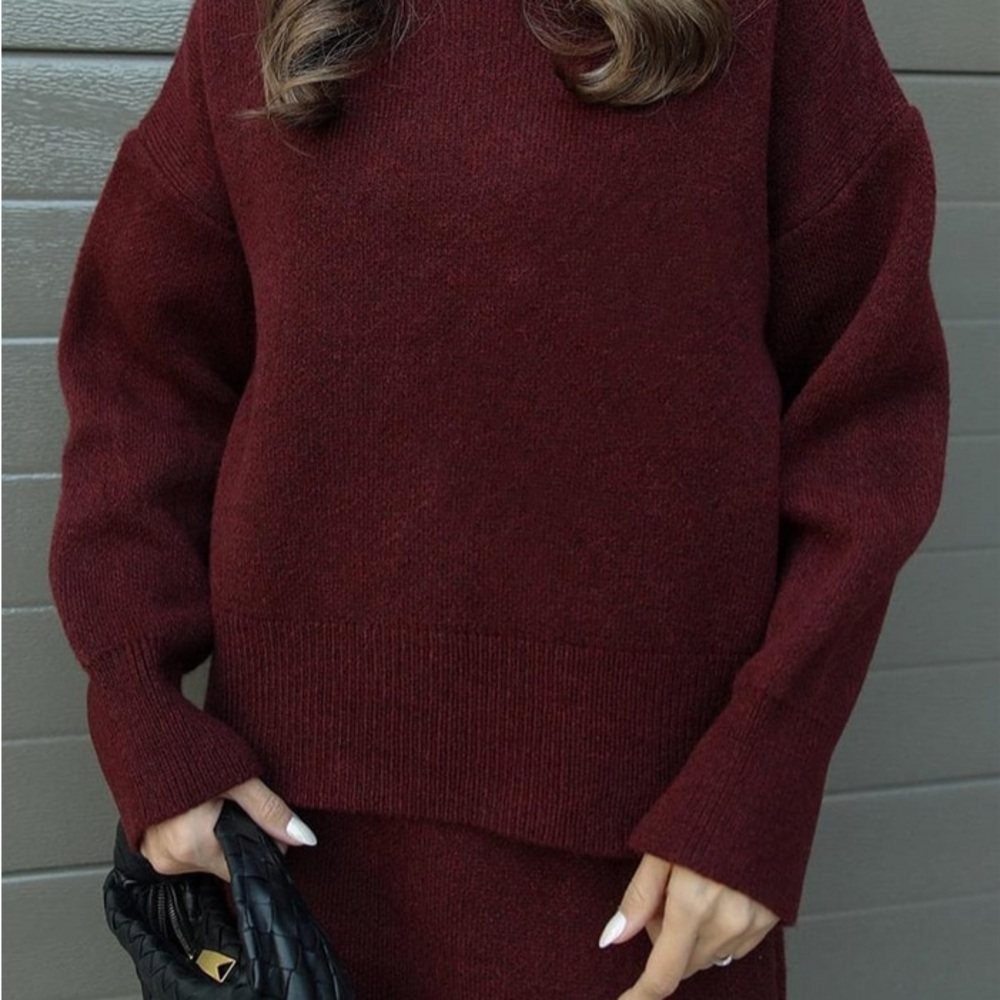 Elegant Burgundy Women's Sweater and Skirt Set